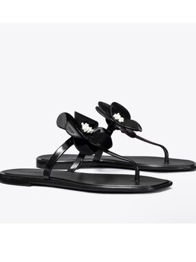 Tory Burch Black Floral Toe-Post Sandals